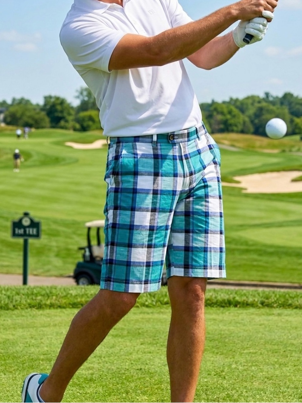 Loudmouth Golf Shorts Men’s‎ 32 Plaid Blue Green Flat Front